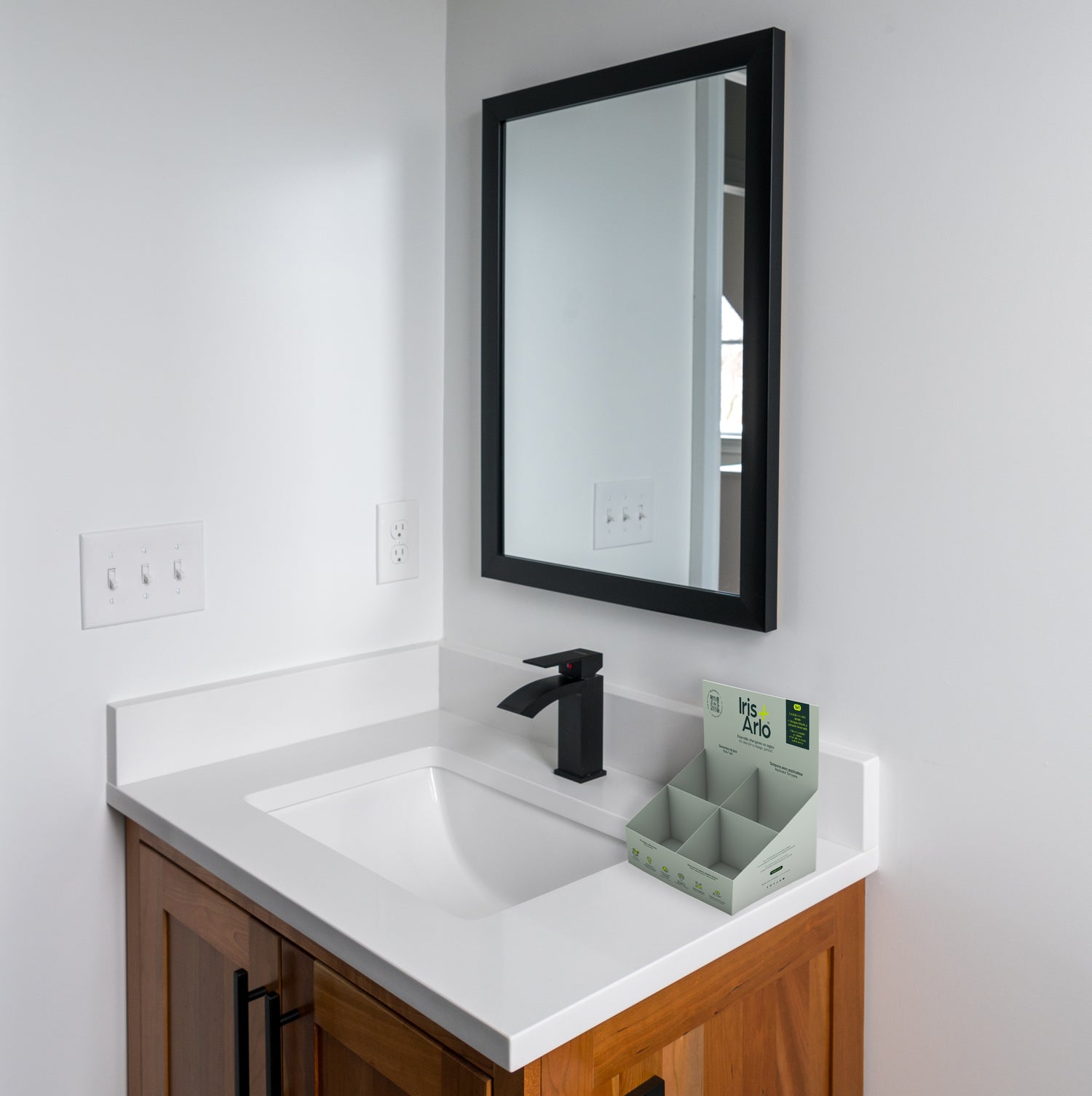 Iris + Arlo Cardboard Countertop Dispenser, 4 products in a beautiful corporate bathroom