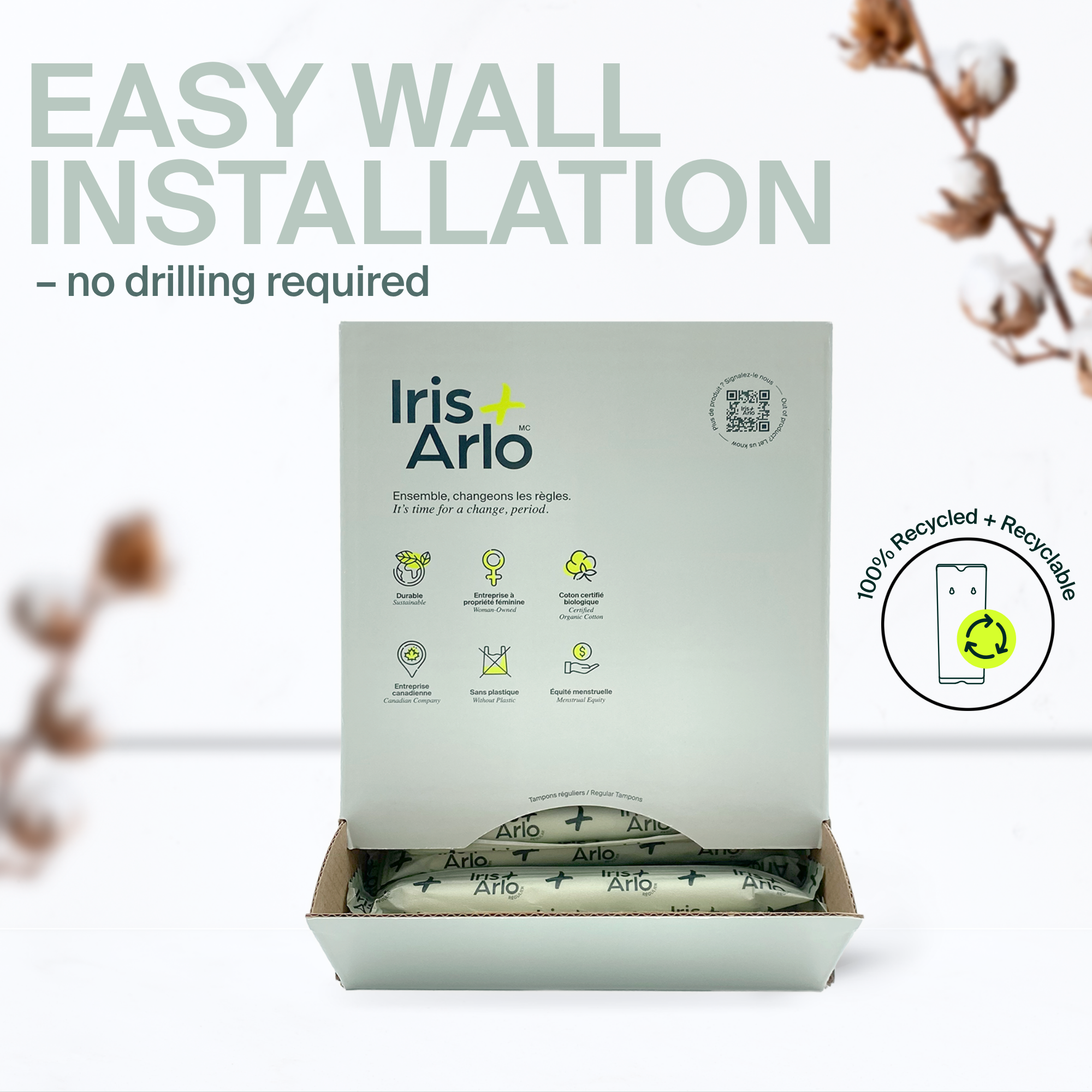 Distributeur carton mural, Tampons 100 % coton biologique