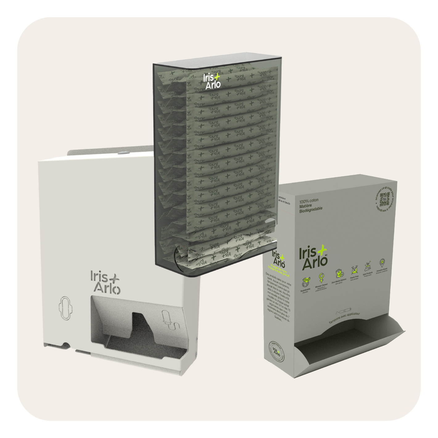 The 3 types of Iris + Arlo dispensers. There's an example of a metal dispenser, a Plexiglas dispenser and a cardboard dispenser. This is part of our B2B turnkey solution.