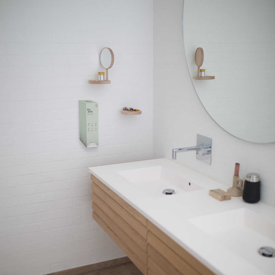Iris + Arlo Mural Cardboard Dispenser, Pantyliners in a workplace bathroom