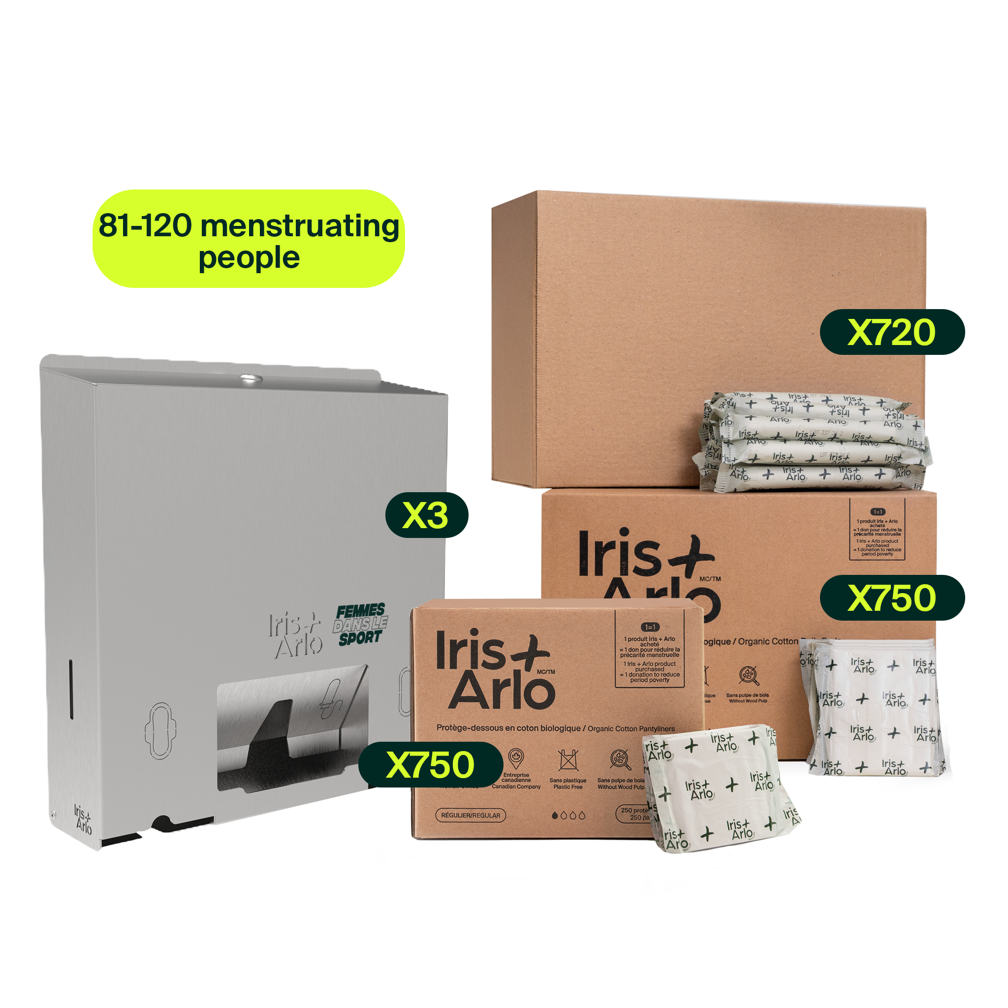 Starter Kit - Wall-Mounted Metal Dispenser, 3 Columns (81-120 menstruating people)