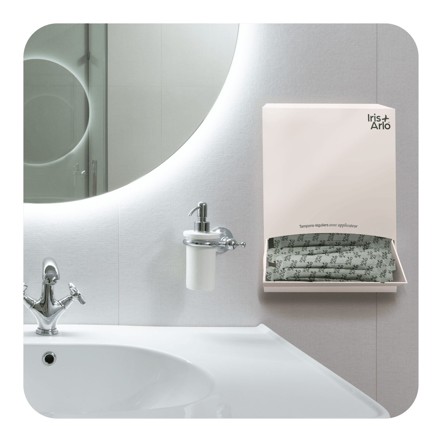 The Iris + Arlo carton tampon dispenser is aesthetically pleasing and easy to hang on the wall in a corporate bathroom.